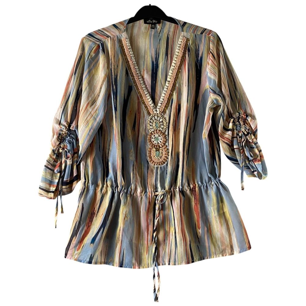 Melissa Paige Tunic Top Womens Large Blue Orange Beaded Boho‎ Abstract Print